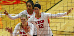 Members of the U volleyball team align themselves before the serve in the 2015 Utah Classic against the Idaho State Bengals in the Jon M. Huntsman Center, Friday, August 28, 2015.