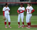 Utah Women's Softball junior Kay Kay Fronda (11), junior Delilah Pacheco (4), and sophomore Heather Bowen (37) talk in the outfield during the game vs. the ASU Sun Devils at the Dumke Family Softball Stadium on campus on Saturday, April 16, 2016