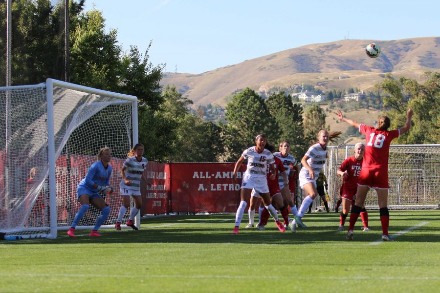 Senior defender Megan Trabert (18) takes a shot on goal in a game against Stanford at the Ute Field, Friday, Sept. 25, 2015.