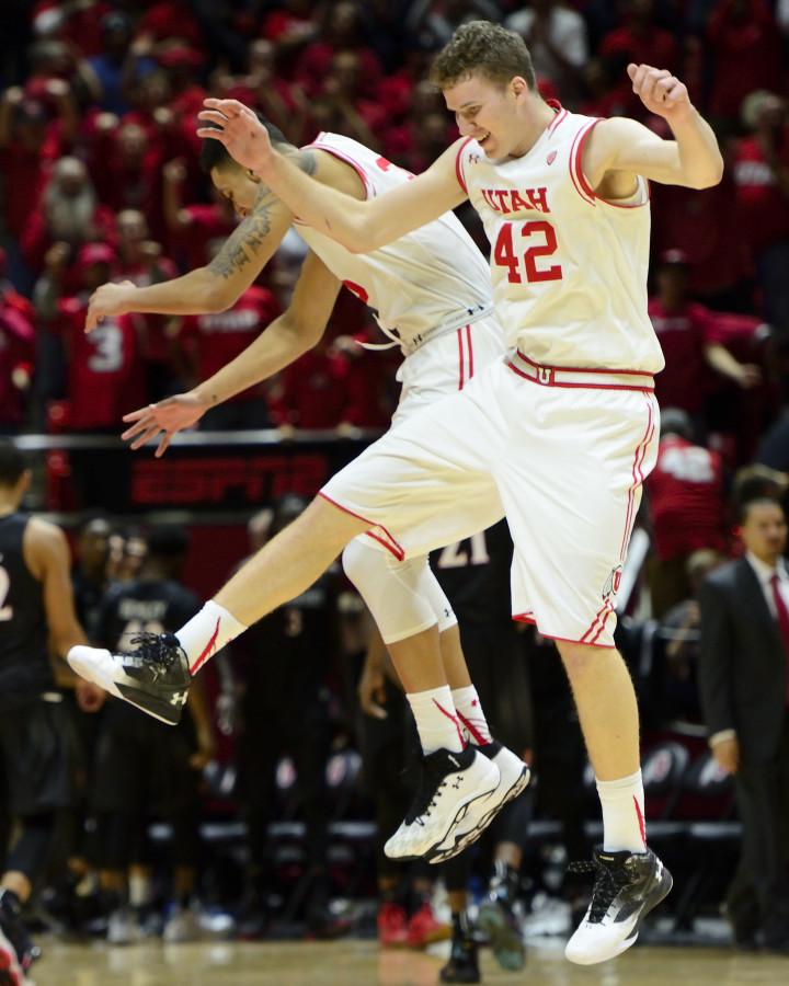 Sophomore center Jakob Poeltl (42) celebrates after the Utes beat the San Diego State Aztecs 81-76 in a non-conference basketball game at the Huntsman Center on Monday, Nov. 16, 2015. Kiffer Creveling, Daily Utah Chronicle.