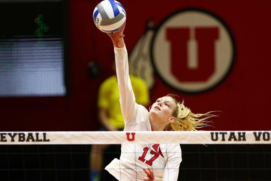 Senior middle blocker Brenna DeYong (17) reaches for a hit in the 2015 Utah Classic against the Idaho State Bengals in the Jon M. Huntsman Center, Friday, August 28, 2015.