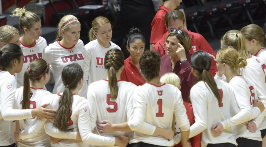 Utah Volleyball Head Coach, Beth Launiere, talks to the womens Volleyball team during a timeout at the Huntsman Events Center; The Utah Utes beat the Colorado Buffs 3-1 on Wednesday, Sept. 23, 2015