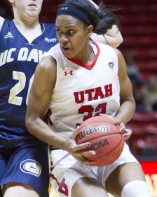 Utah Utes Sophmore Tanaeya Boclair (32) drives the ball at the Utah vs UC Davis basketball game, Tuesday December 29, 2015.