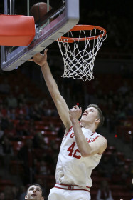 Sophomore forword Jakob Peoliti (42) going for a lay up in an NCAA men's basketball game against IPFW at the Jon M. Huntsman Center, Saturday, Dec 5, 2015.  Chris Ayers, The Daily Utah Chronicle.