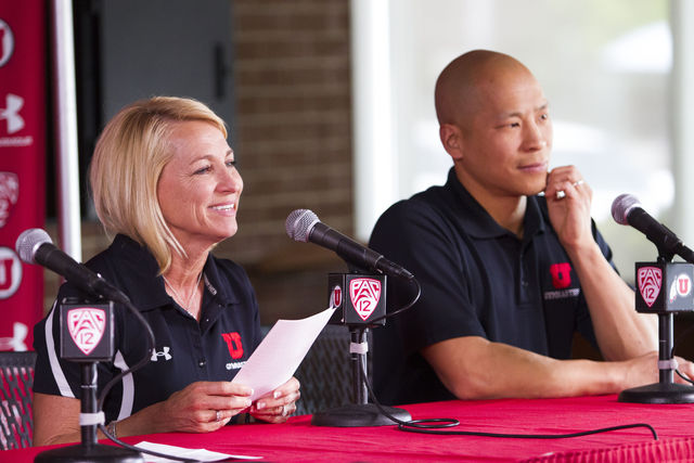 Utah Red Rocks co-head coaches Megan Marsden, left, and Tom Farden, during a press conference at the Jon M. Huntsman Center, Tuesday, April 21, 2015.