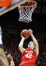 Sophomore center Jakob Poeltl (42) puts the ball near the in the first half of an NCAA men's basketball game against the BYU Cougars at the Jon M. Huntsman Center, Wednesday, Dec. 2, 2015. Chris Samuels, Daily Utah Chronicle.