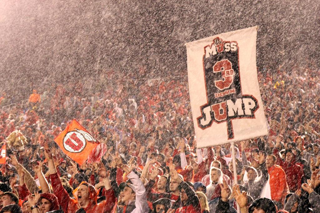 Members of the MUSS participate in the third down jump amidst the rain in a Pac-12 football game against the Arizona State Sun Devils at Rice-Eccles Stadium in Salt Lake City, Saturday, Oct. 17, 2015. Madeline Rencher, Daily Utah Chronicle.