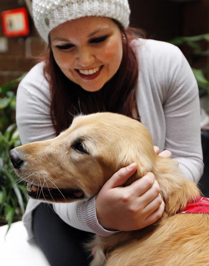 Jessica Luttrell, a senior in psychology and exercise and sports science, meets Stella, a golden retriever, as part of Therapy Animals of Utah at the social work building, Wednesday, Dec. 9, 2015.