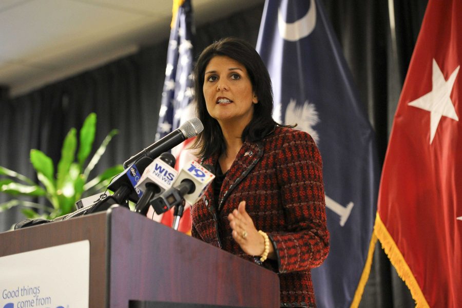 South Carolina Gov. Nikki Haley joins U.S. military service members and community business partners for the launch of Operation Palmetto Employment, a statewide military employment initiative aimed at making South Carolina the most military-friendly state in the nation, Feb. 26, 2014, at Sysco in Columbia, S.C. (U.S. Air National Guard photo by Tech. Sgt. Jorge Intriago/Released)