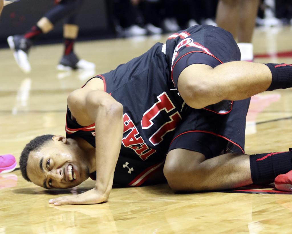 Senior guard Brandon Taylor finds himself on the floor after being fouled in a Pac-12 regular season game against the Cal Golden Bears at the Jon M. Huntsman Center, Wednesday, Jan. 27, 2016. Chris Samuels, Daily Utah Chronicle.