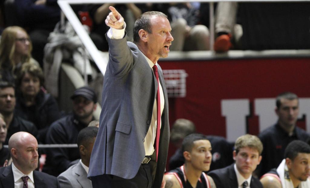 Head coach Larry Krystkowiak gives orders to his team during a Pac-12 regular season game against the Cal Golden Bears at the Jon M. Huntsman Center, Wednesday, Jan. 27, 2016. Chris Samuels, Daily Utah Chronicle.