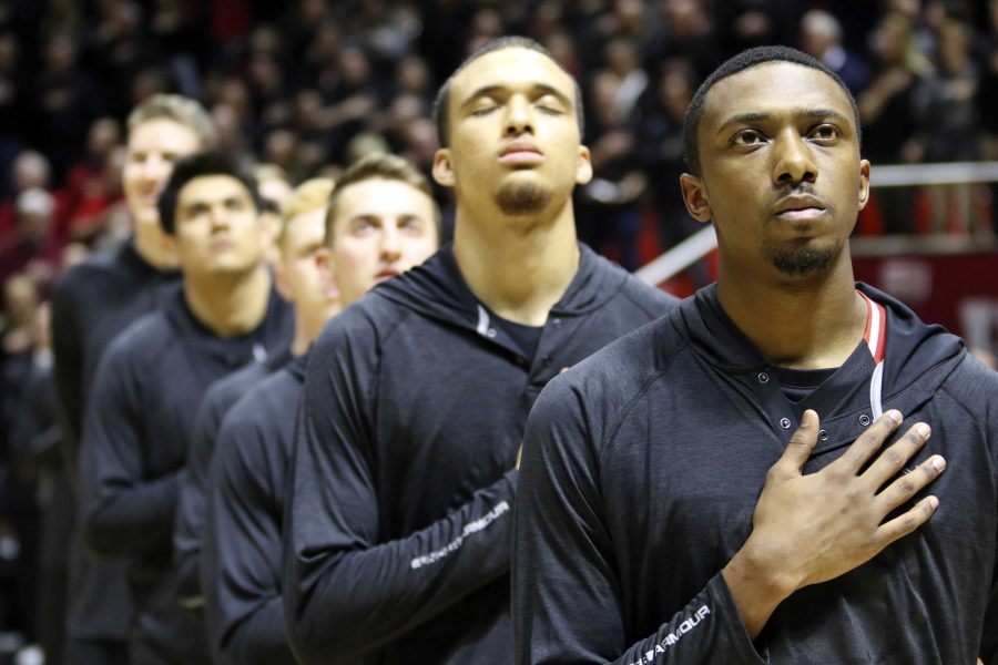 The mens basketball team listens to the national anthem before a Pac-12 regular season game against the Cal Golden Bears at the Jon M. Huntsman Center, Wednesday, Jan. 27, 2016. The Runnin Utes won the contest 73-64. (Chris Samuels, Daily Utah Chronicle)
