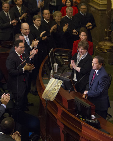 Utah Gov. Gary Herbert pauses during his State of the State address, Wednesday January 27, 2016. (Mike Sheehan, Daily Utah Chronicle)