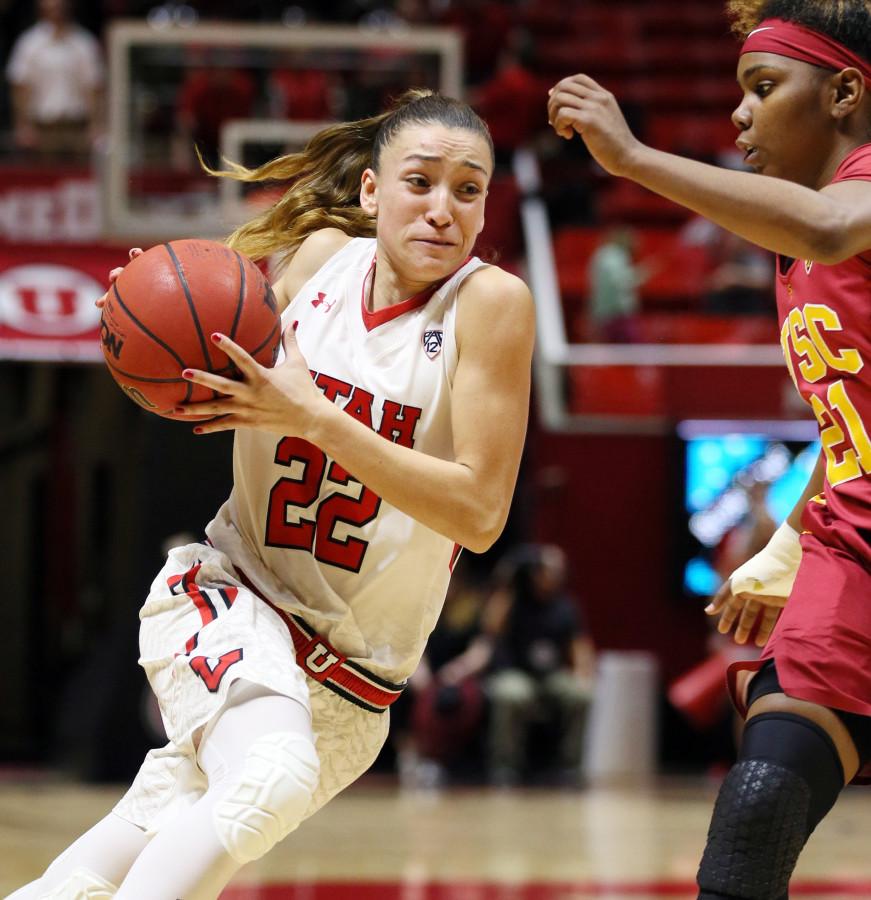 Senior guard Danielle Rodriguez drives through the lane in a women's basketball game against the USC Trojans on Friday, Jan 29, 2016. (Chris Ayers, Daily Utah Chronicle). The Utes would fall to the Trojans 70-59.