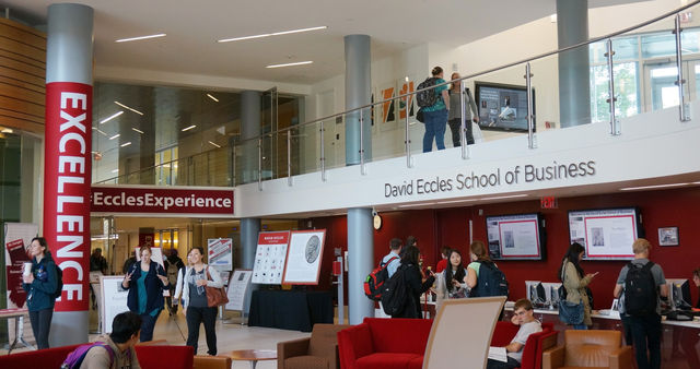 Students in the main lobby at the Eccles School of Business at the U in Salt Lake City, Utah, Thursday, September 17, 2015 (Rishi Deka, Daily Utah Chronicle).