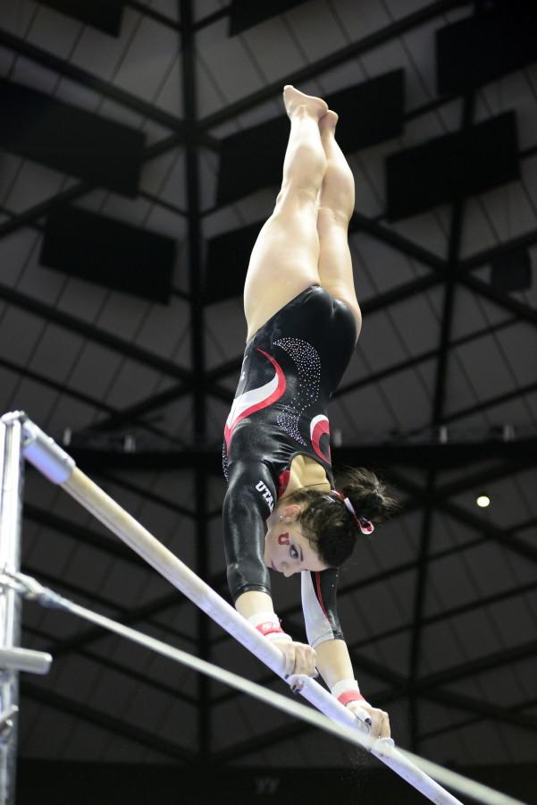 Sophomore Samantha Partyka performs her bars routine during a meet against the Arizona Wildcats at the Jon M. Huntsman Center on Monday, Feb. 1, 2016. (Kiffer Creveling, Daily Utah Chronicle)