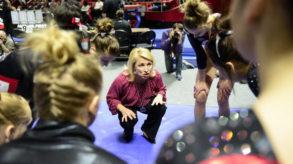 Co-head coach Megan Marsden talks with her team before a meet against the Arizona Wildcats at the Jon M. Huntsman Center on Monday, Feb. 1, 2016. (Kiffer Creveling, Daily Utah Chronicle)