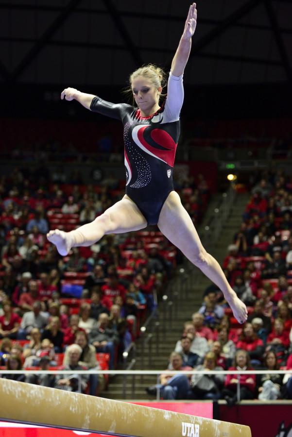 Senior Breanna Hughes performs her beam routine in a meet against the Arizona Wildcats at the Jon M. Huntsman Center on Monday, Feb. 1, 2016. (Kiffer Creveling, Daily Utah Chronicle)