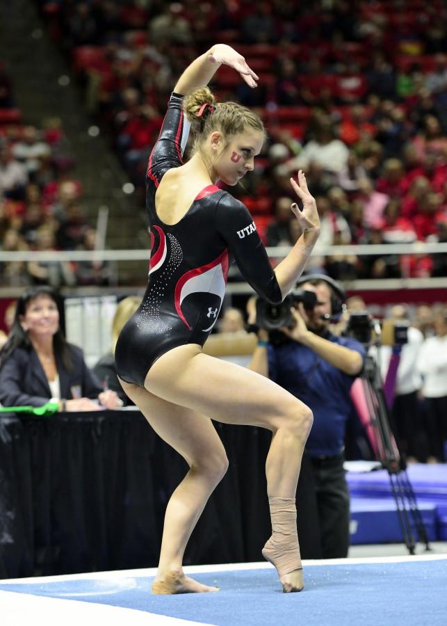 Senior Breanna Hughes poses during her floor routine in a meet against the Arizona Wildcats at the Jon M. Huntsman Center on Monday, Feb. 1, 2016. (Kiffer Creveling, Daily Utah Chronicle)