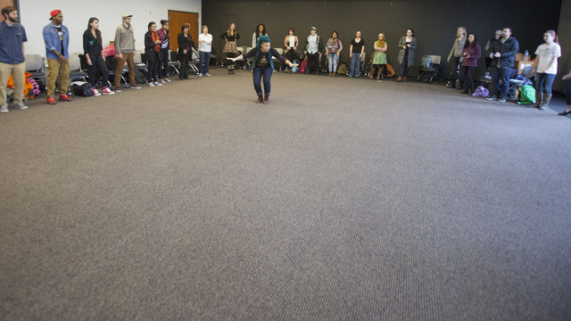Colored Girls Hustle creative collaborator Jessica Valoris gets the group making music at a hip hop femenism workshop, Wednesday Feb. 10, 2016. (Mike Sheehan, Daily Utah Chronicle)