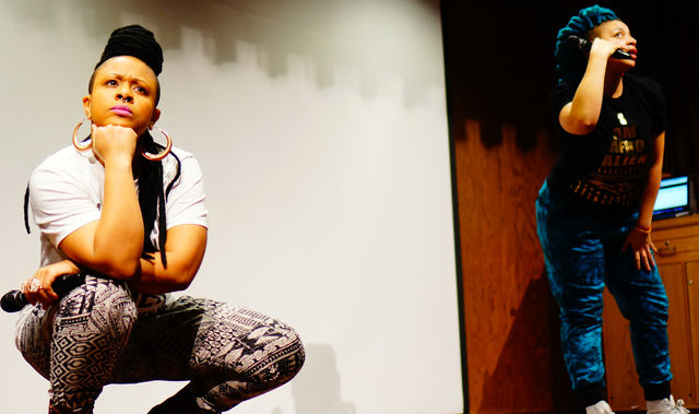 Taja Lindley, left, and Jessica Valoris, right, of Colored Girls Hustle perform at the College of Social Work at the U in Salt Lake City, Utah on Wednesday, Feb.10th, 2016. (Rishi Deka, Daily Utah Chronicle)