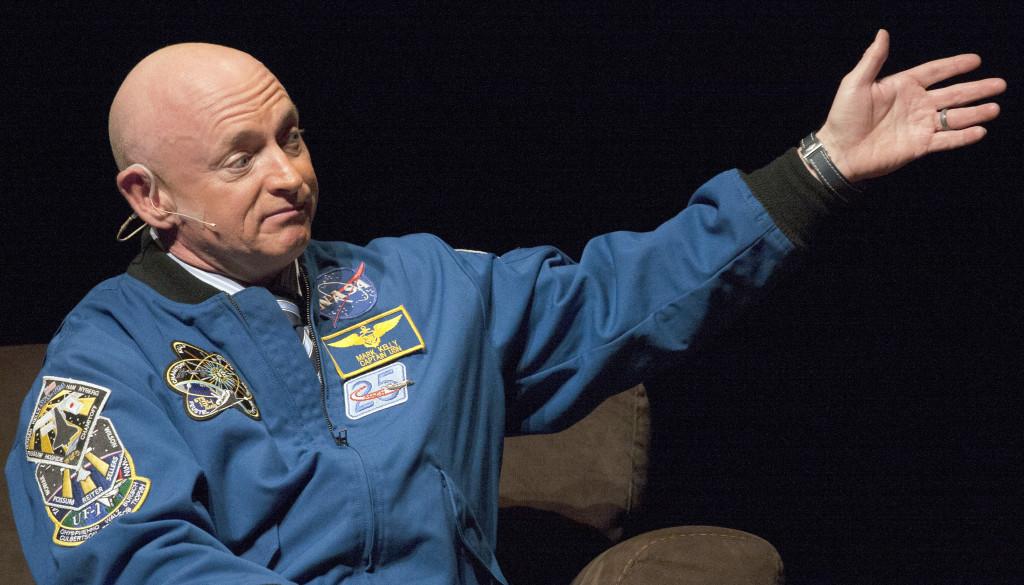 Astronaut Mark Kelly shares his experiences and thoughts on space travel during a lecture in Kingsbury Hall, Wednesday, Feb. 10, 2016. (Blythe Stovall, Daily Utah Chronicle)
