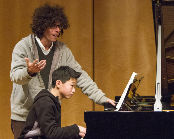 Master class pianist Dr. Julian Gargiulo helps guide a student on his complicated piece in the Dumke recital hall,Wednesday Feb.3,2016. (Mike Sheehan, Daily Utah Chronicle)
