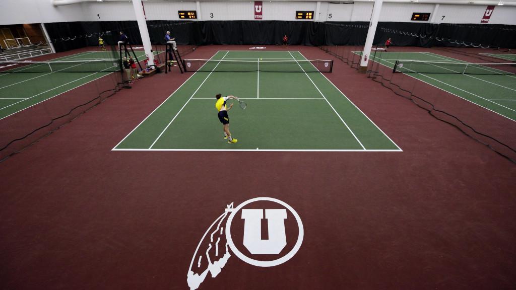 Sophomore Santiago Sierra, above, prepares to return a serve from Northern Arizona University freshman Thomas Fisher during a match at the Eccles Tennis Center on Saturday, Jan. 30, 2016. (Kiffer Creveling, Daily Utah Chronicle)