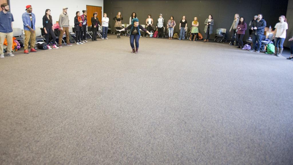 Colored Girls Hustle creative collaborator Jessica Valoris demonstrates dancing in front of the group at a hip hop feminism workshop in the Social Work building, Wednesday, Feb. 10, 2016. (Mike Sheehan, Daily Utah Chronicle)
