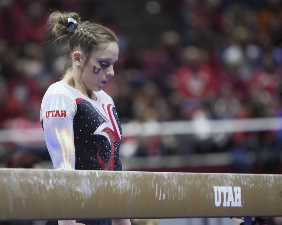 University of Utah Red Rocks gymnasts take in a win over Washington, Saturday Feb. 13, 2016. (Mike Sheehan, Daily Utah Chronicle)