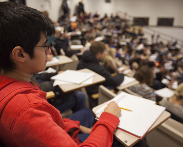 Utah student Sergio Payan, sophmore in psycology, listens in on a math 1050 lecture, Monday Februrary 1, 2016. (Mike Sheehan, Daily Utah Chronicle)