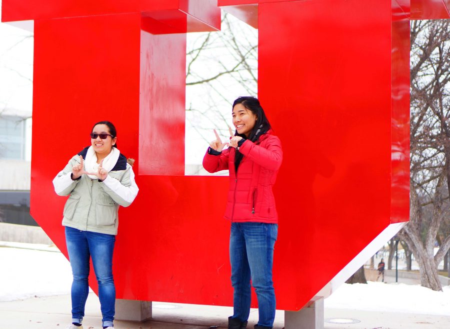 Two U students pose at the Block U during the True to U event at the U in Salt Lake City on Thursday, Feb.11th, 2016. (Rishi Deka, Daily Utah Chronicle)