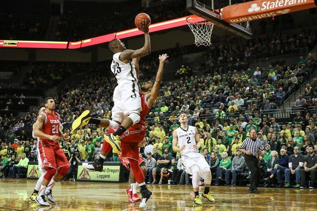 Elgin Cool (23) is fouled on a made layup. The 16 ranked Oregon Ducks host the Utah Utes on February 7, 2016 at Matthew Knight Arena in Eugene, Oregon. (Samuel Marshall/Emerald)