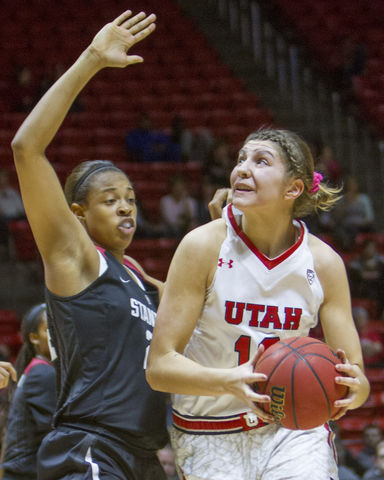 Utah Utes sophomore forward Emily Potter (12) looks for the basket at the Utah vs Stanford senior game, Sunday Feb. 21, 2016. (Mike Sheehan, Daily Utah Chronicle)