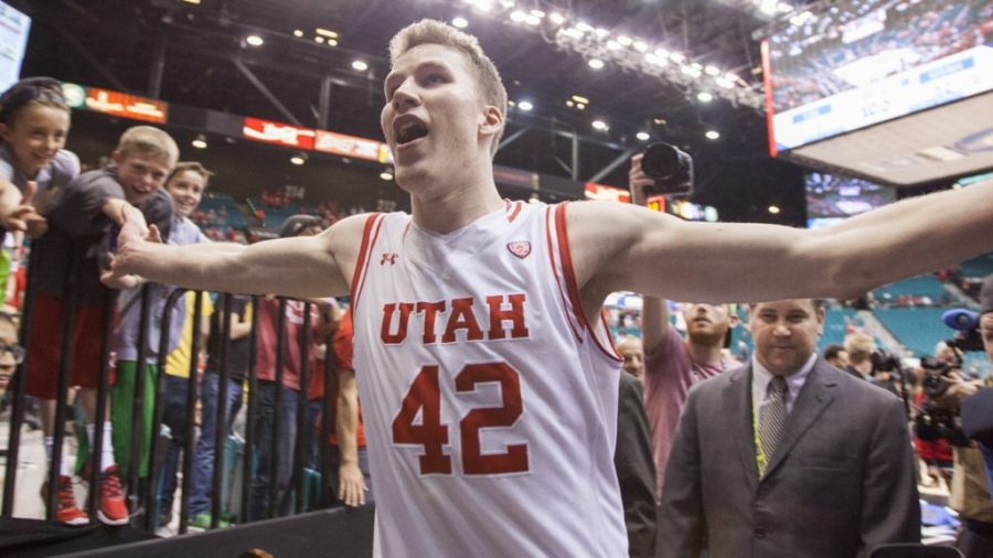 Sophomore forward Jakob Poeltl leaves the arena in celebration after bringing in an overtime win against the Cal Golden Bears, Friday, March 11, 2016. (Mike Sheehan, Daily Utah Chronicle)