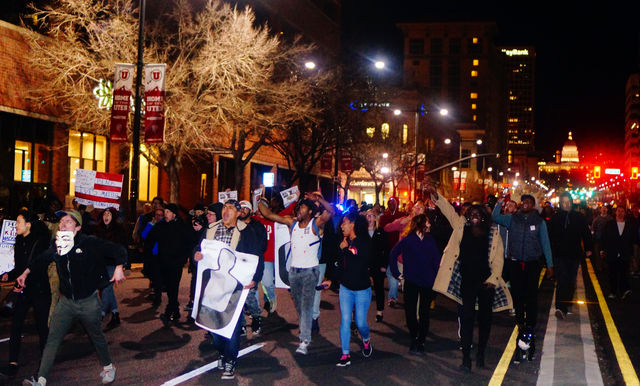 People march during the Utah Against Police Brutality rally and march for Abdi Mohamed in downtown Salt Lake City, Utah on Monday, Feb.29th, 2016. (Rishi Deka, Daily Utah Chronicle)