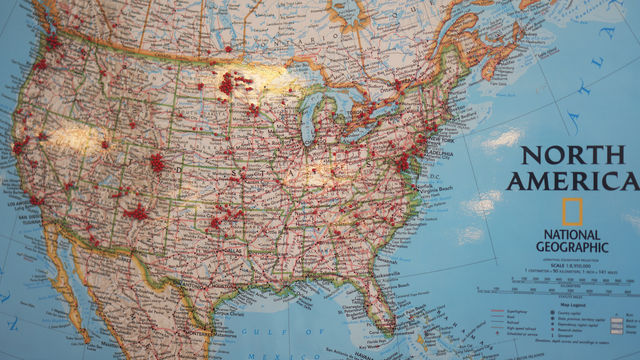 A map pinpoints the locations of murdered and missing indigenous women in North America at the The Sing Our Rivers Red Exhibit in the College of Social Work at the U on Friday, March 25, 2016. (Rishi Deka, Daily Utah Chronicle)