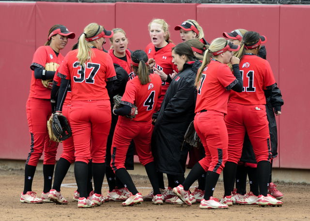 Utah Womens Softball team huddles during the game vs. the BYU Cougars at the Dumke Family Softball Stadium on campus on Wednesday, March 15, 2016