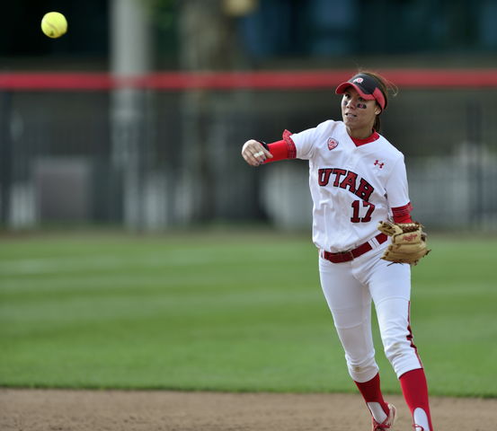 Utah Womens Softball junior Anissa Urtez (17) throws the ball to first during the game vs. the ASU Sun Devils at the Dumke Family Softball Stadium on campus on Saturday, April 16, 2016