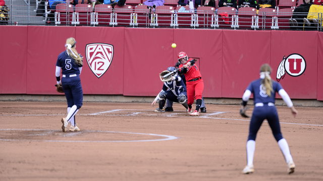 Utah Womens Softball junior Hannah Flippen (1) gets a hit in the game vs. the BYU Cougars at the Dumke Family Softball Stadium on campus on Wednesday, March 15, 2016