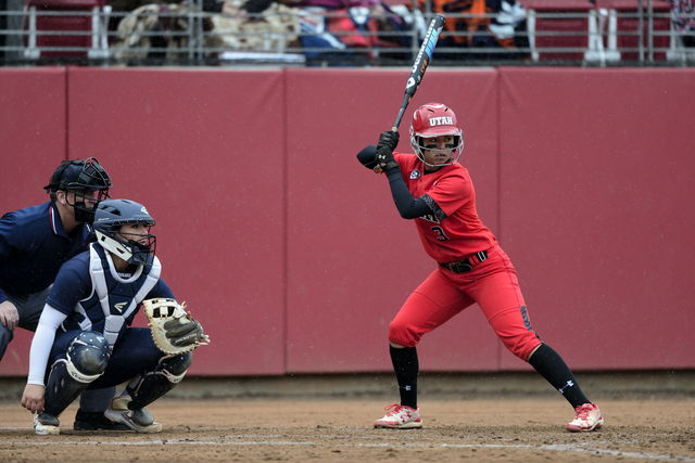 Utah Womens Softball junior Bridget Castro (3) stans at the plate ready for the pitch in the game vs. the BYU Cougars at the Dumke Family Softball Stadium on campus on Wednesday, March 15, 2016