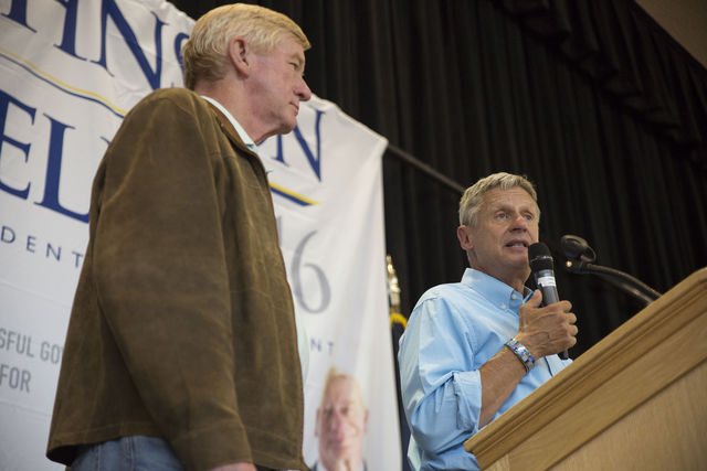 Former Massachusetts Governor William Weld (R) (left) and former New Mecxico Governor/presidential Canidate Gary Johnson (L) (right) answering audience questions while at the Gary Johnson Rally at the Student Union on Saturday, August 6, 2016. Chris Ayers Daily Utah Chronicle.