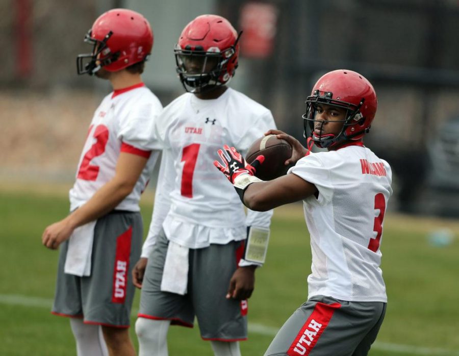 Junior quarterback Troy Williams (3) participates in spring practice at the Eccles Football Center, Thursday, March, 24, 2016. (Chris Samuels, Daily Utah Chronicle)