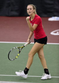 Utah Tennis sophomore Margo Pletcher pumps her fist after she won the point against Boise State at the Eccles Tennis Center on Saturday, Feb. 16, 2016