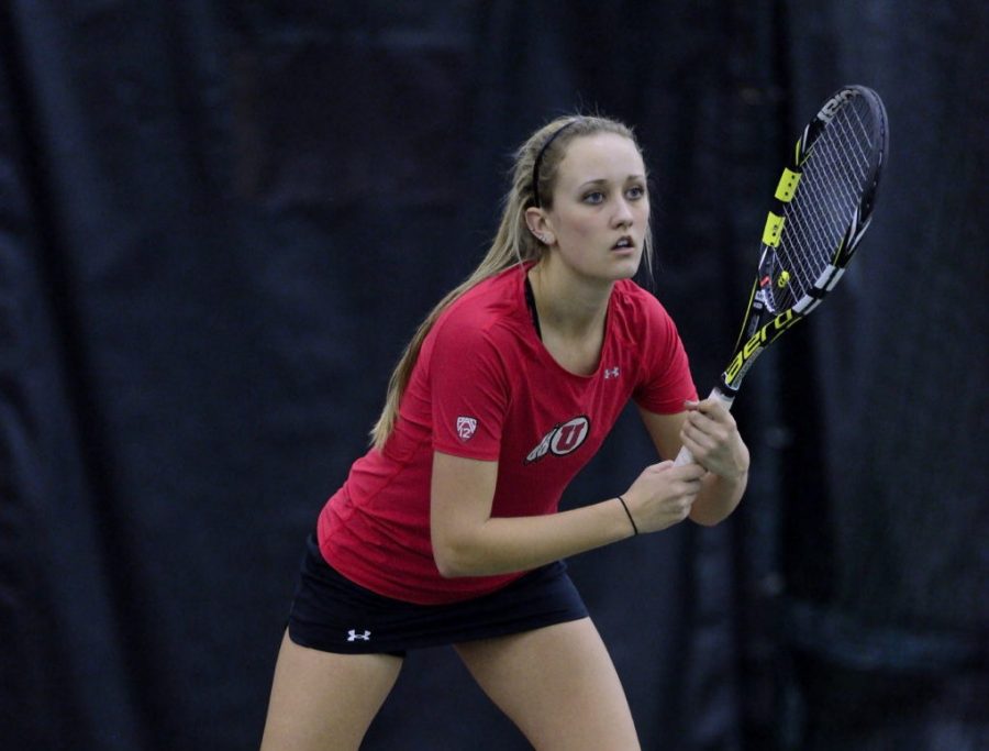 Utah Tennis sophomore Margo Pletcher stands ready to return the serve against Boise State at the Eccles Tennis Center on Saturday, Feb. 16, 2016