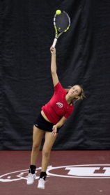 Utah Tennis sophomore Margo Pletcher serves the ball against Boise State at the Eccles Tennis Center on Saturday, Feb. 16, 2016