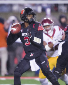 University of Utah Football junior quarterback Troy Williams (3) looks downfield to pass the ball during the game vs. the University of Southern California Trojans at Rice-Eccles Stadium on Friday, September 23, 2016