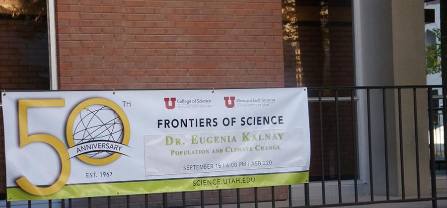A sign shows Eugenia Kalnays discussion about population and climate change at the Frontiers of Science at the U on Thursday, Sept.15, 2016. (Rishi Deka, Daily Utah Chronicle)
