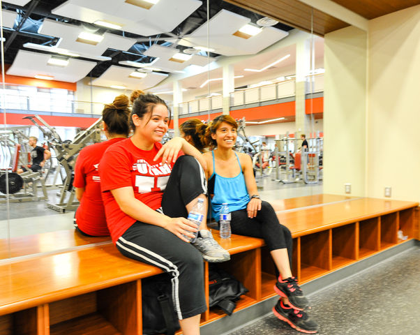 Grecia Gutierrez (Left) and  Vicky Nieto (Right) both buisness students cooldown after their workouts at the Student Life Center on Aug 29, 2016. Adam Fondren Daily Utah Chronicle