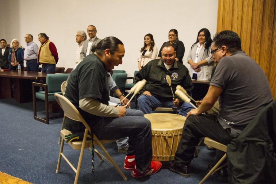 Red Spirit conducts opening ceremonies at the Ute Indian Tribe Headquaters in Fort Duchesne, Utah for the signing of the Memoradium of Understanding.